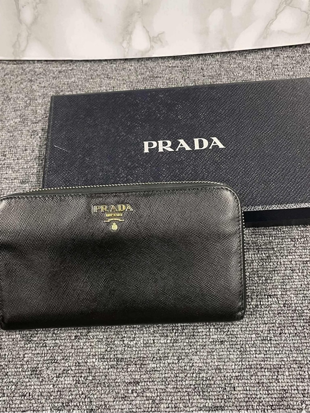 Prada Black Saffiano Zip Around Wallet with Gold Logo